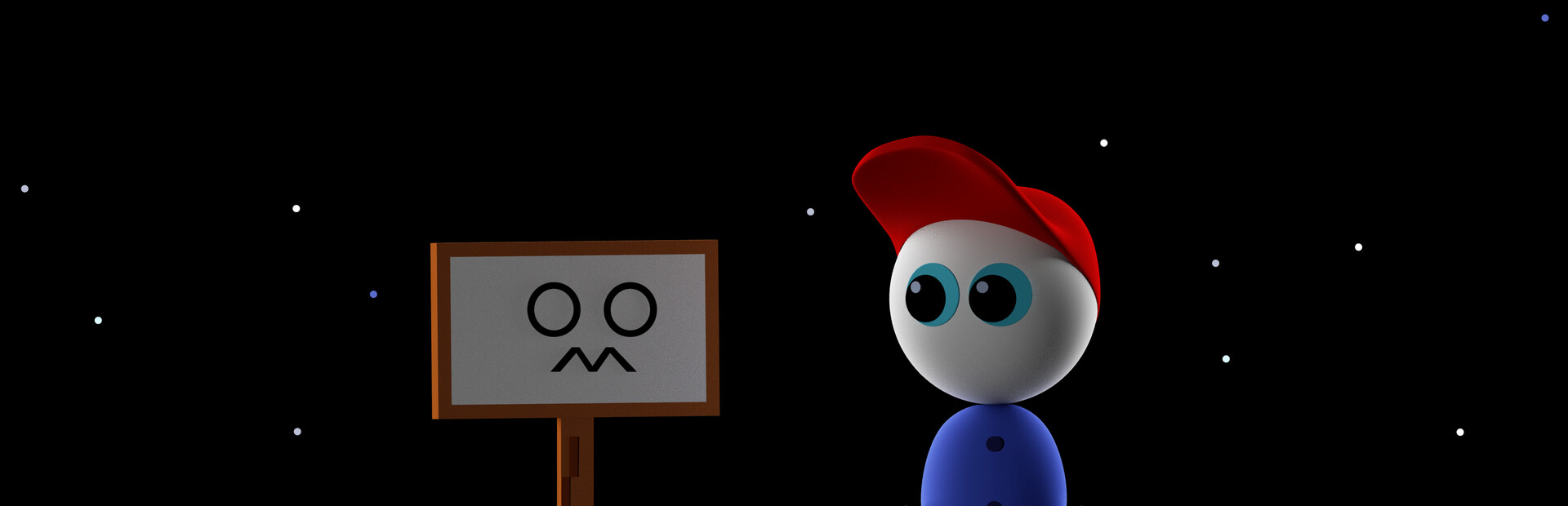 Official Endacopia key art — Mellow in a red cap faces an ominous sign in a starry void